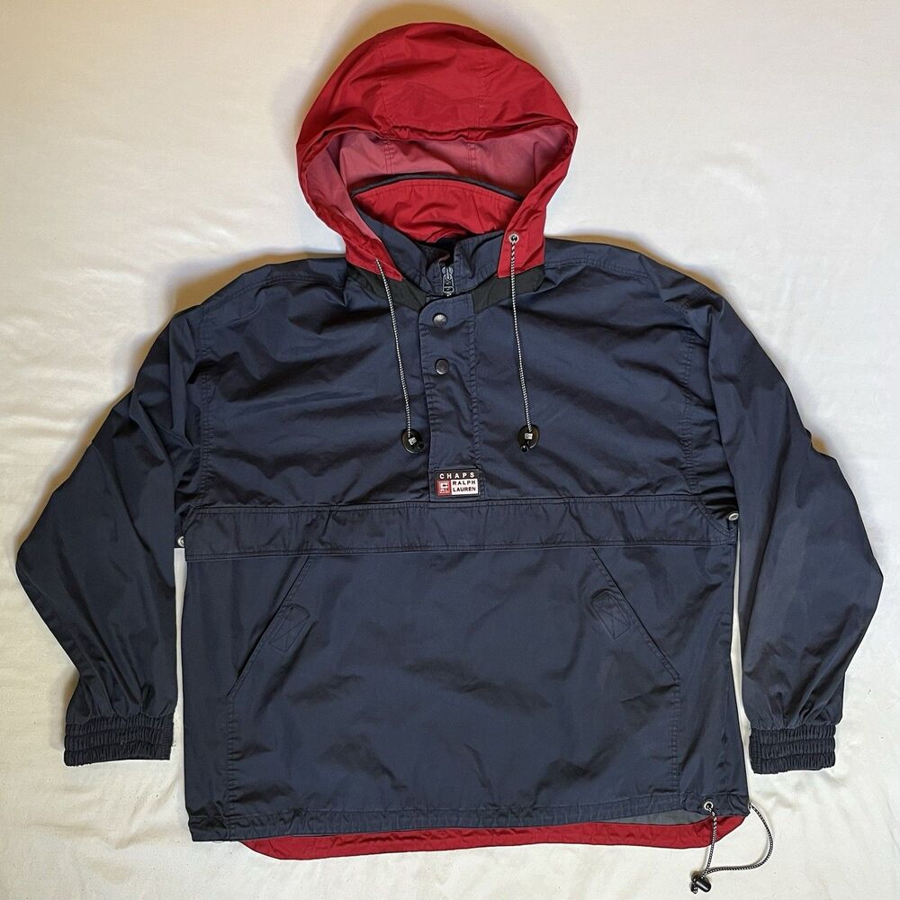 VTG Chaps Ralph Lauren Anorak Hooded Jacket Mens Medium Blue Red Stowaway Hood
